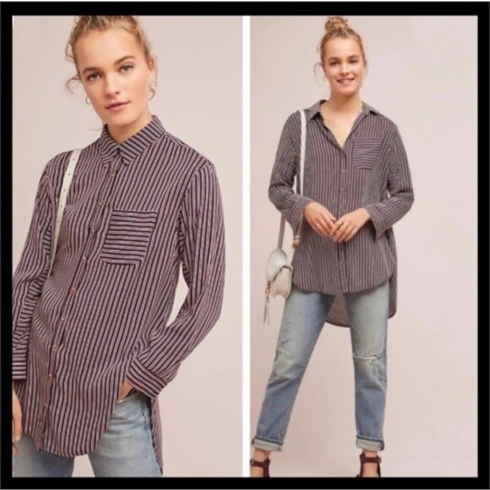MAEVE ANTHROPOLOGIE Adelaide Blue Red Striped Poplin Button Down Shirt Blouse